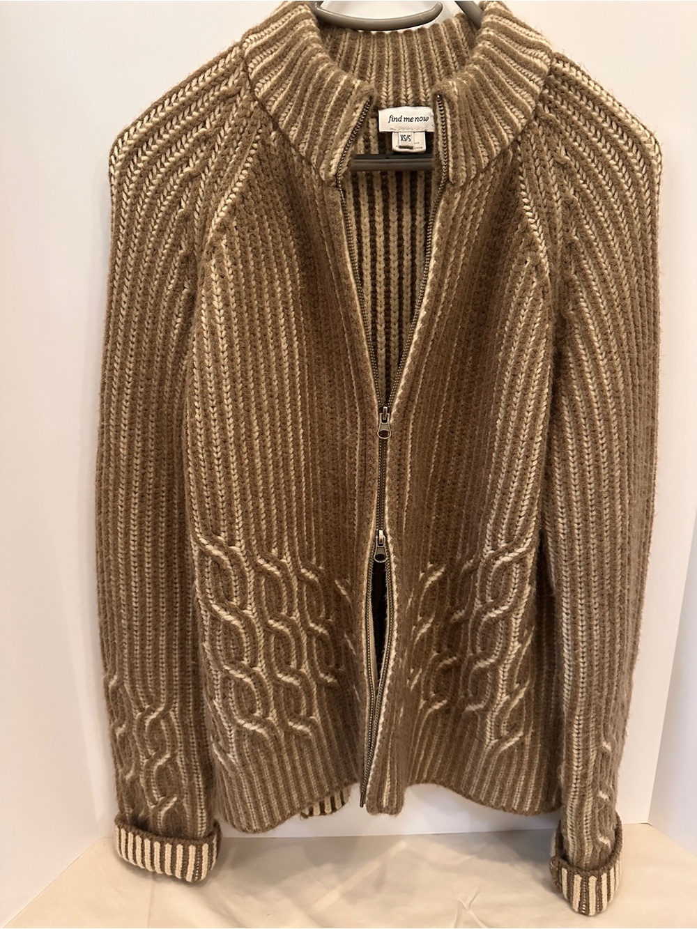 Find Me Now Taupe Ribbed Zip-Front Cable Cardigan